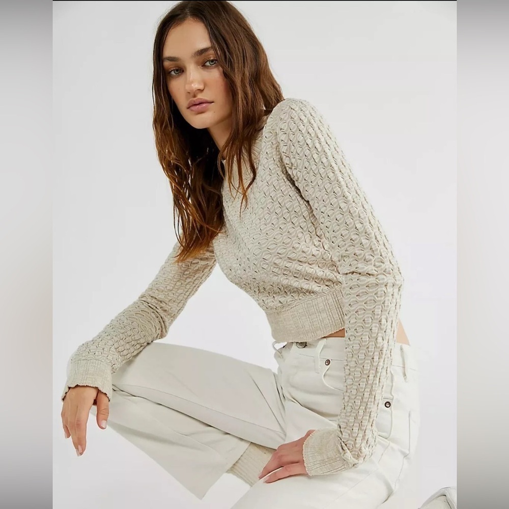 Free People Jane Printed Cropped Tee Top Long Sleeve Oatmeal Mock Neck L(d4